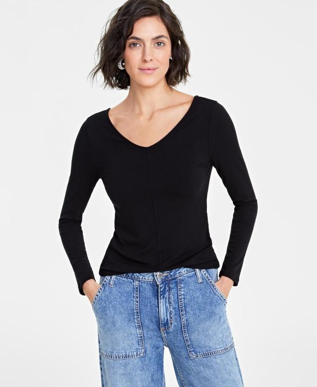 On 34th Womens Long-Sleeve Rib Double V-Neck Top, Created for Macys Product Image