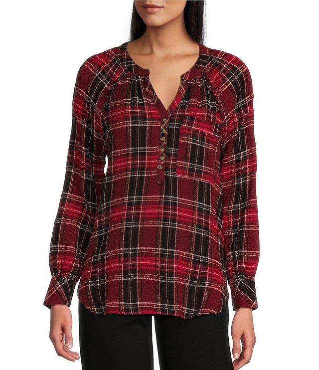 Intro Petite Size Lurex Plaid Banded Collar Long Sleeve Ruffle Trim Pop Over Blouse Product Image