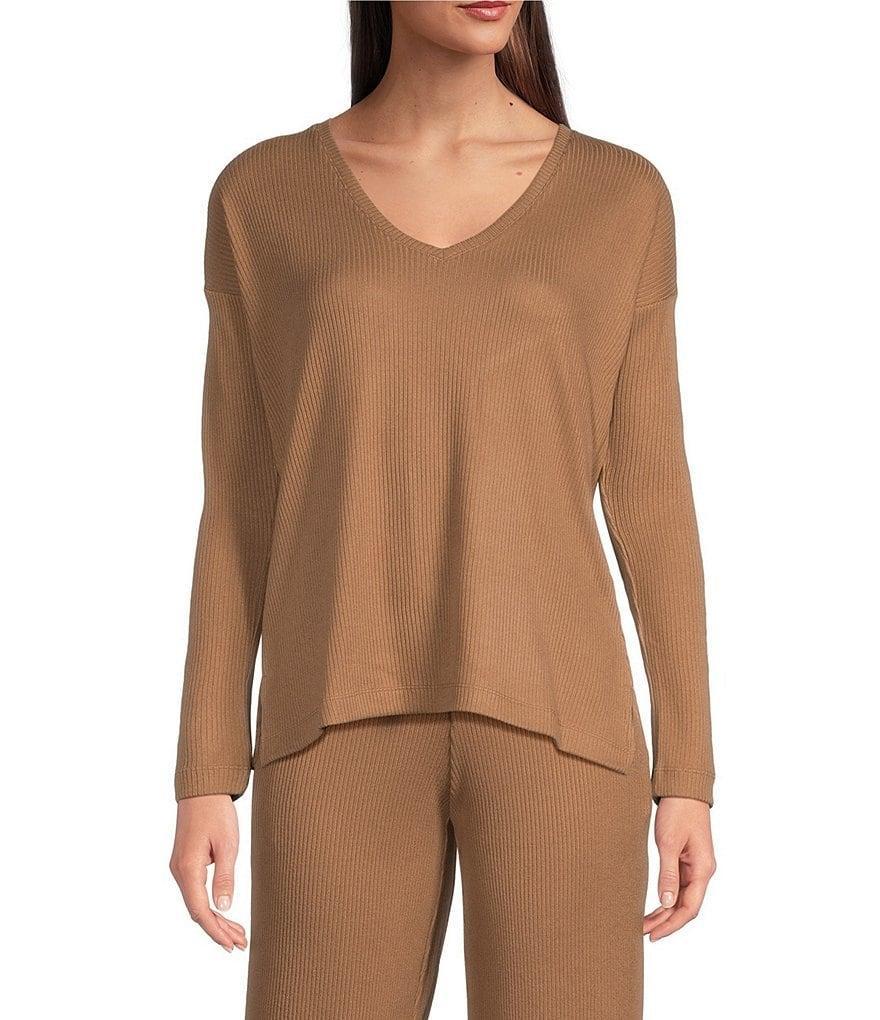 N By Natori Brushed Knit Long Sleeve V-Neck Coordinating Lounge Top Product Image