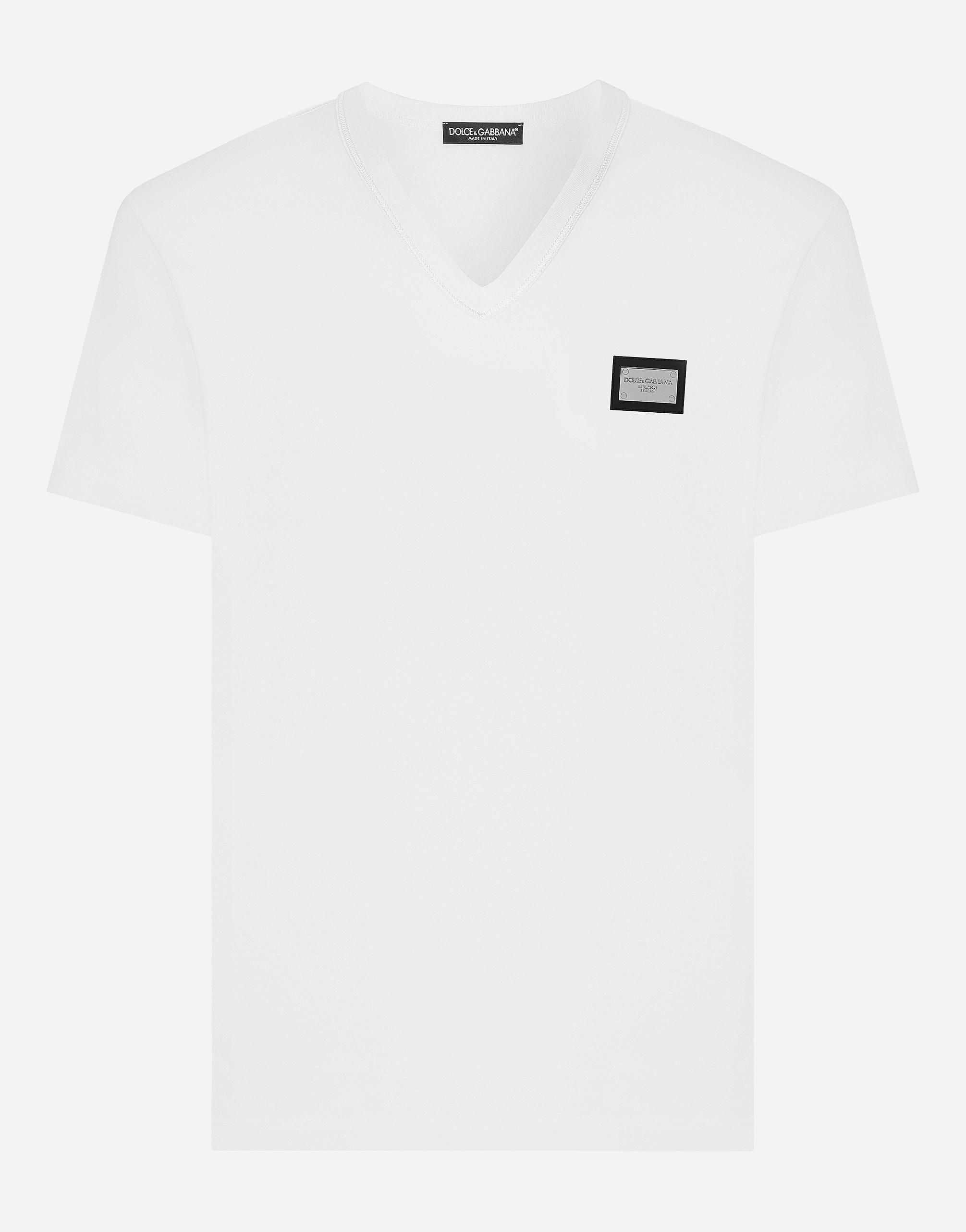 Cotton V-neck T-shirt With Branded Tag In White Product Image