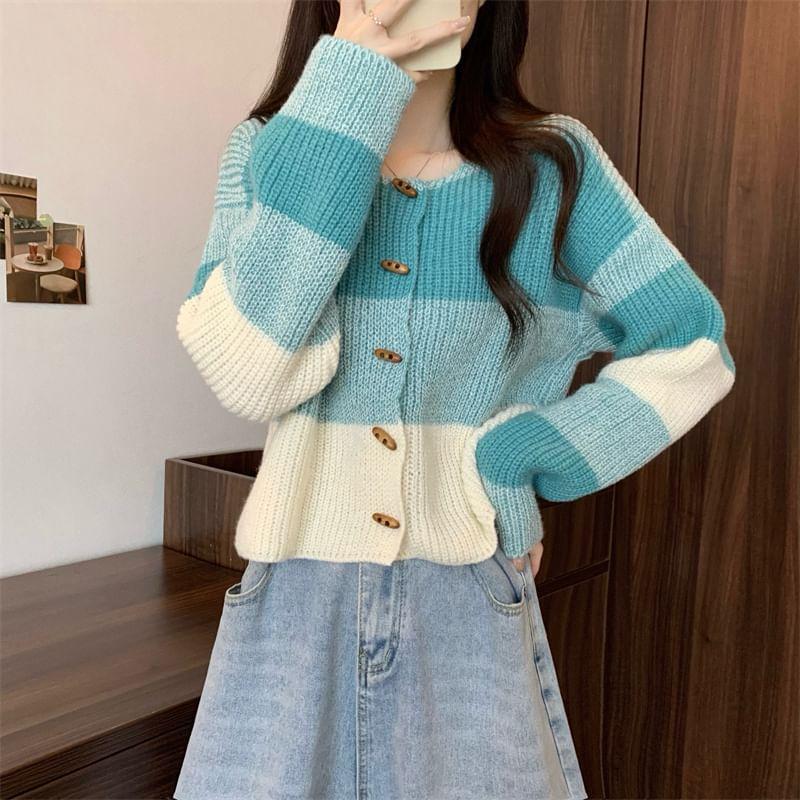 Round Neck Color Block Toggle Cardigan Product Image