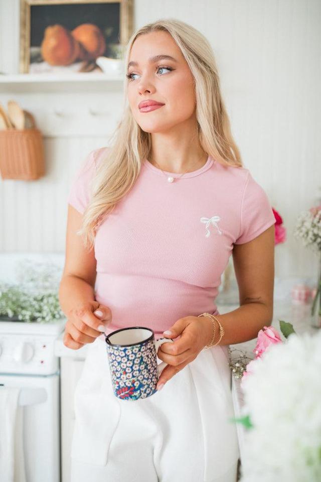 Tied Together Pink Embroidered Bow Tee Product Image