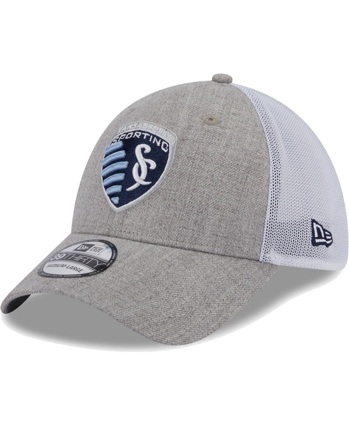 Mens New Era Heather Gray/White Sporting Kansas City 39THIRTY Trucker Flex Hat Product Image