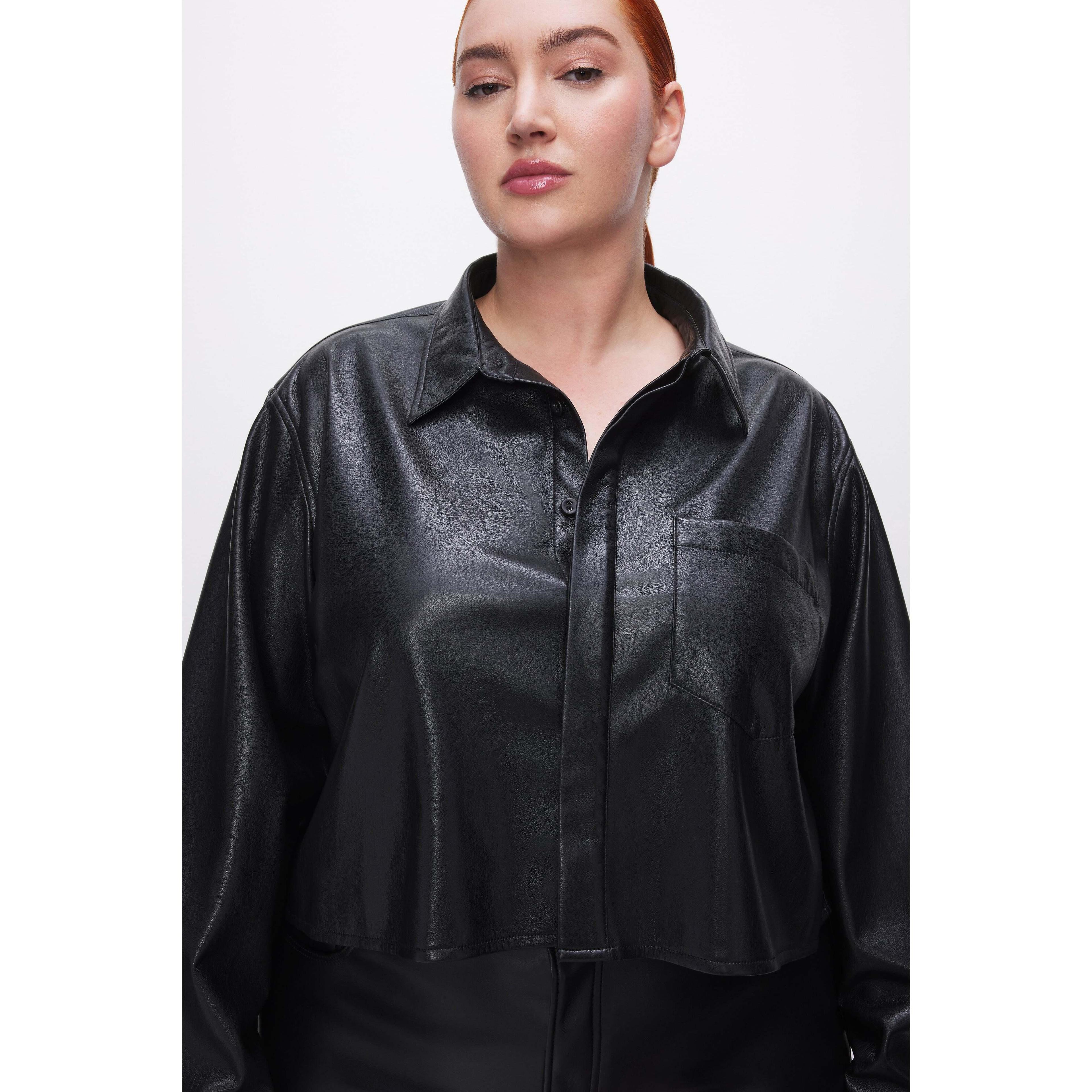 Womens Faux Leather Cropped Shirt | Black, Size XL | Good American by Khlo Kardashian Product Image