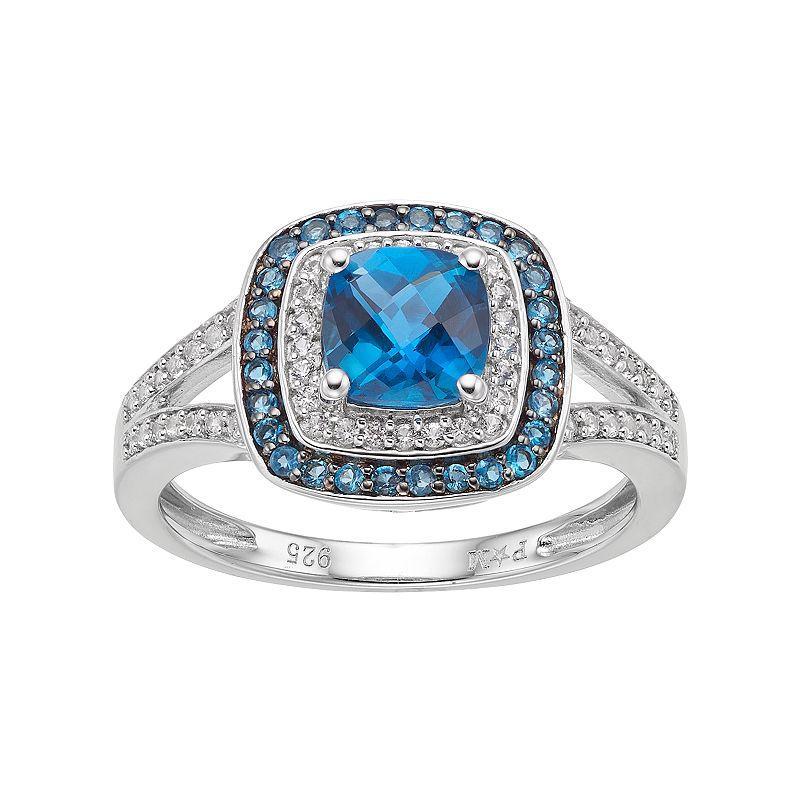 Sterling Silver Blue Topaz & Lab-Created White Sapphire Square Halo Ring, Womens Product Image