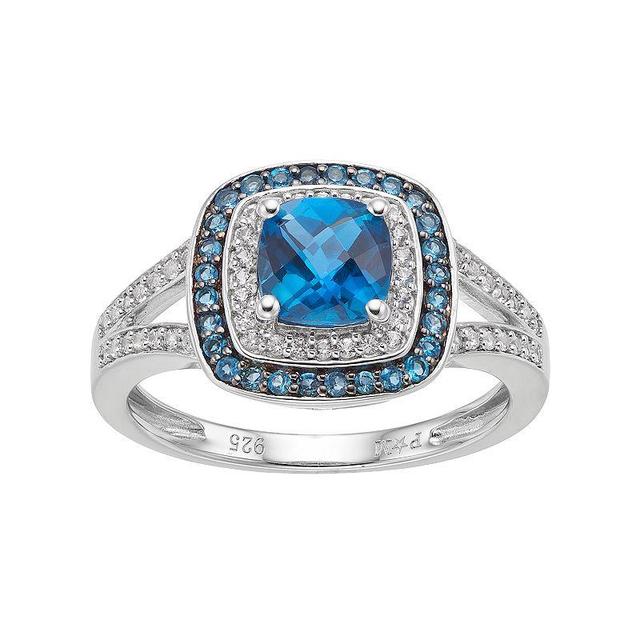 Sterling Silver Blue Topaz & Lab-Created White Sapphire Square Halo Ring, Womens Product Image