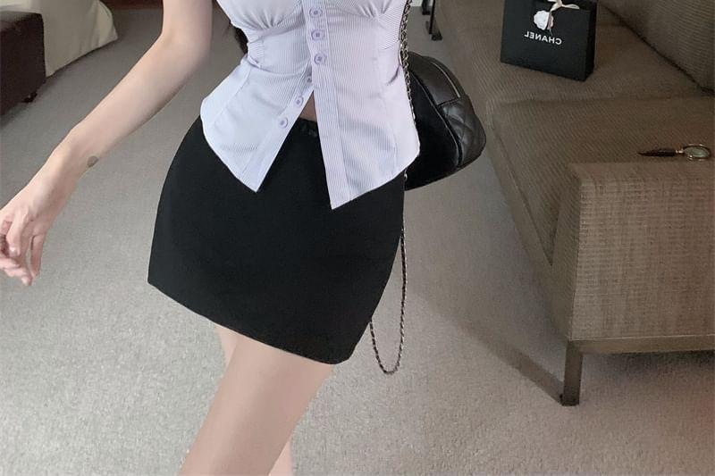 Sleeveless V-Neck Striped Button-Up Shirt / High Rise Mini Pencil Skirt Product Image