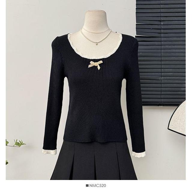 Contrasted Lace-Trim Ribbon Knit Top Product Image