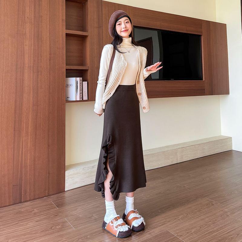 High Rise Plain Ruffle Side-Slit Midi A-Line Skirt Product Image