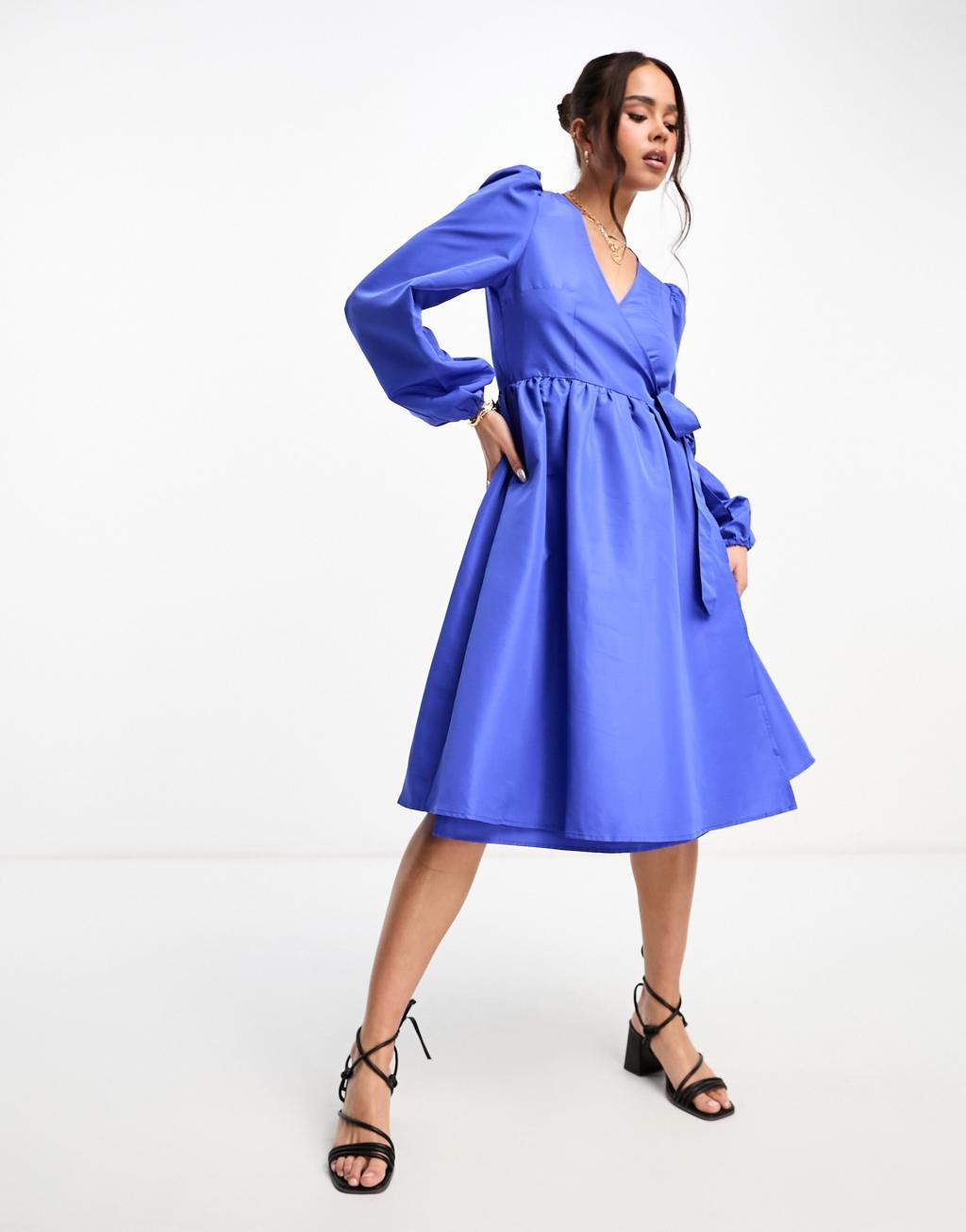 Monki midi wrap dress in blue Product Image