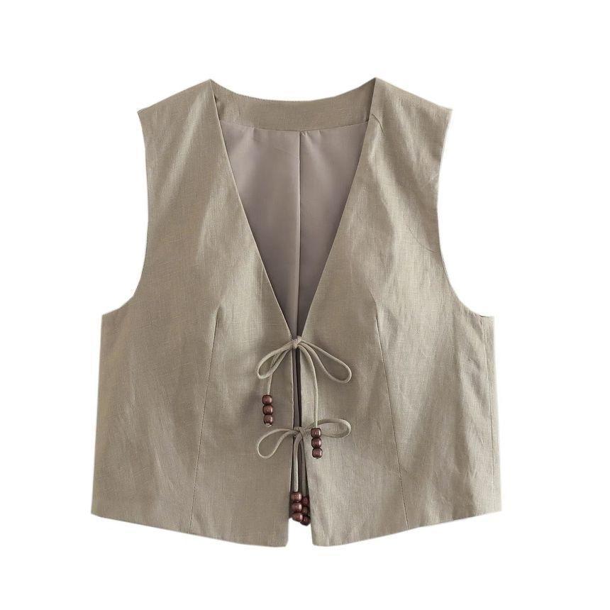 V-Neck Plain Tie-Front Vest Product Image