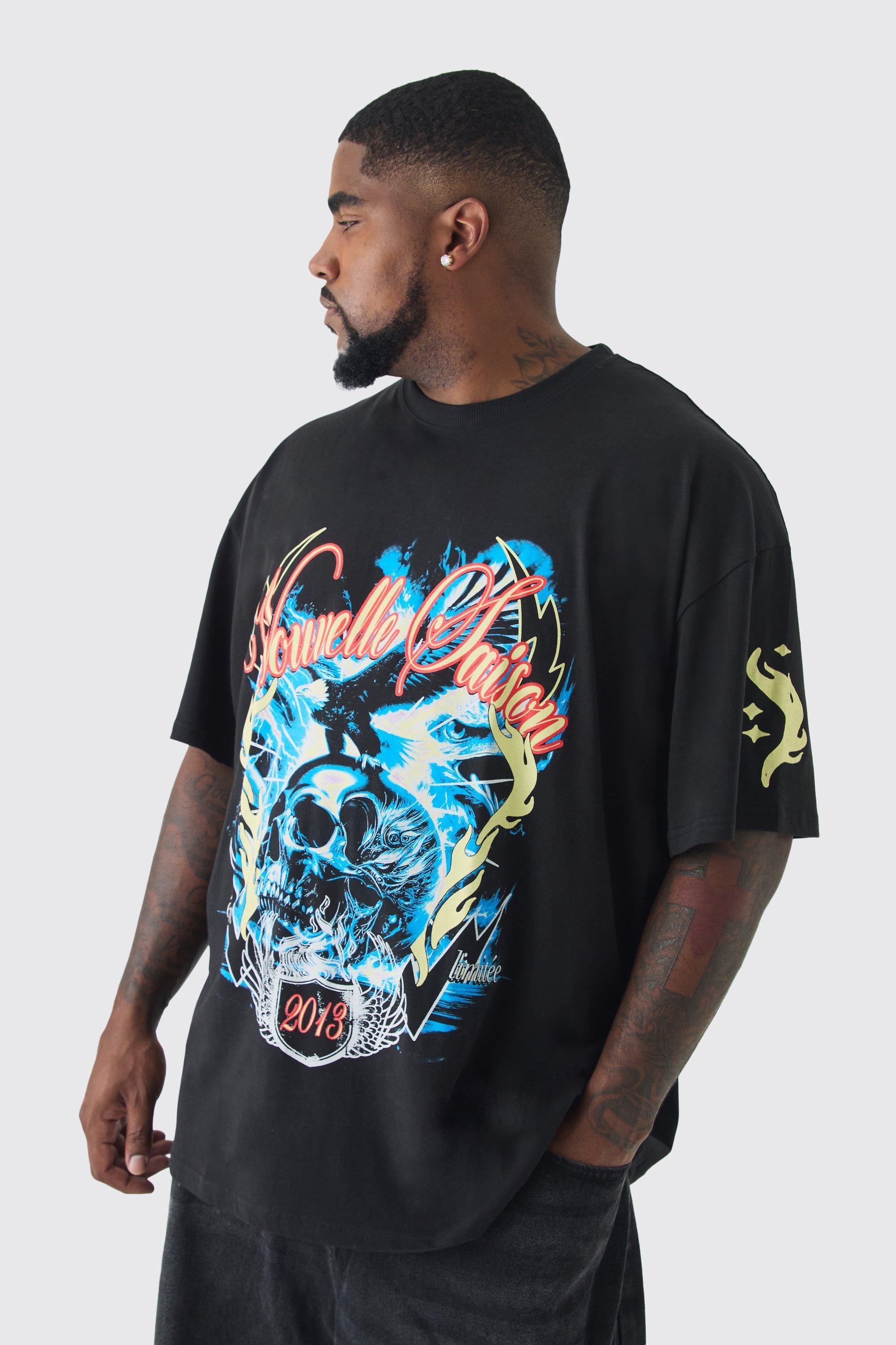 Plus Skull Flame Print Oversized T-shirt in Black | boohooMAN USA Product Image