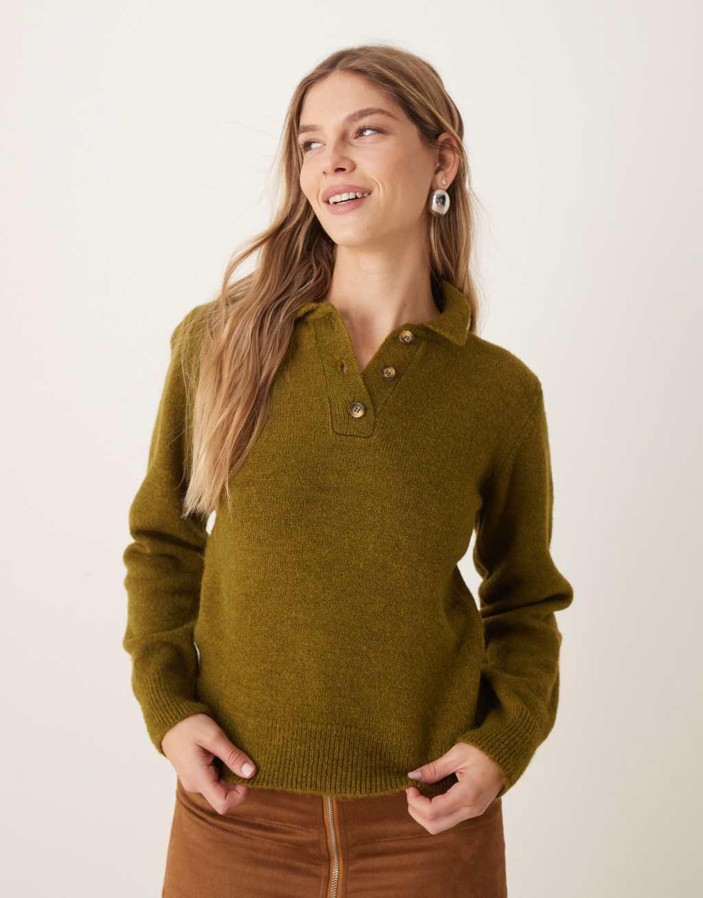 ASOS DESIGN knit collared sweater in olive Product Image