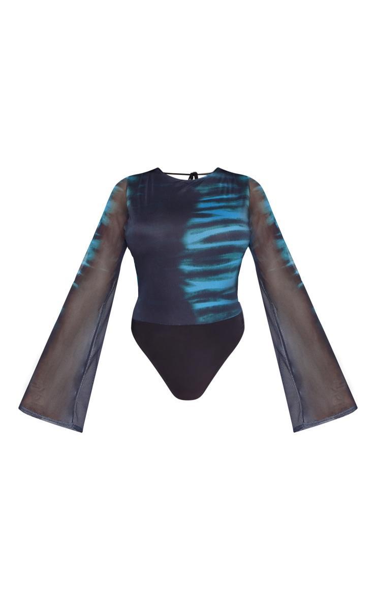 Blue Printed Mesh Backless Bodysuit Product Image