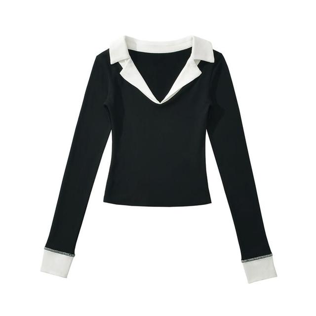 Long Sleeve V-Neck Contrast Trim Crop Polo Shirt Product Image