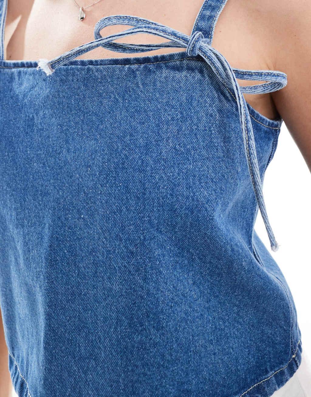 ASOS DESIGN denim bow strap cami top in mid blue Product Image