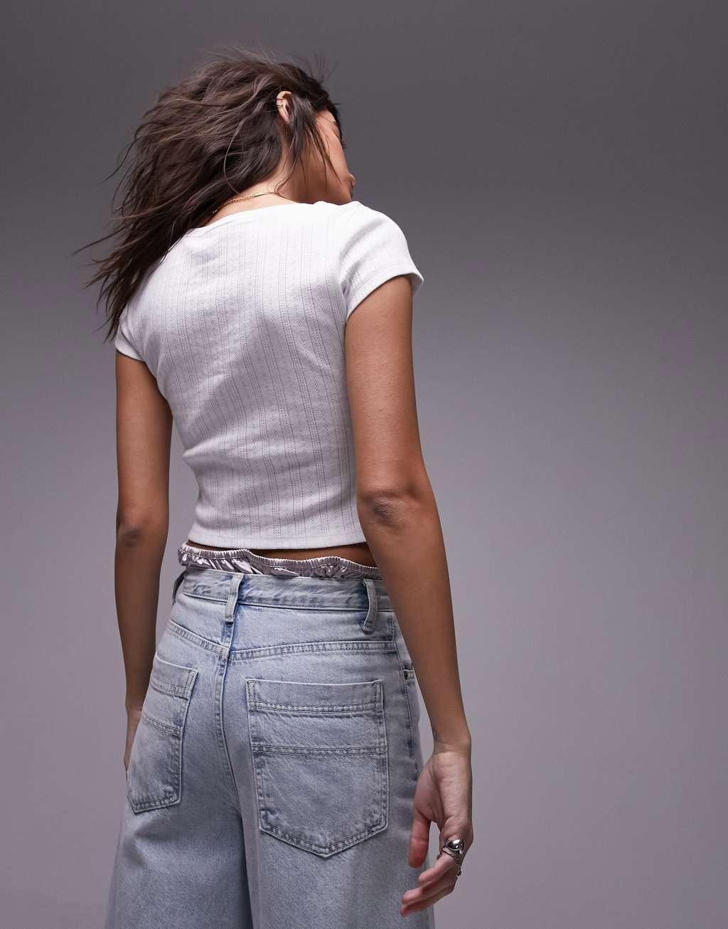 Topshop pointelle cropped tee in white Product Image