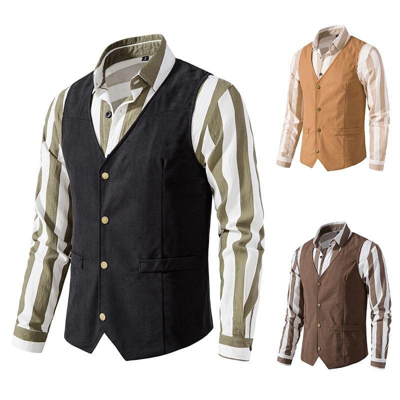 V-Neck Plain Button Vest Product Image