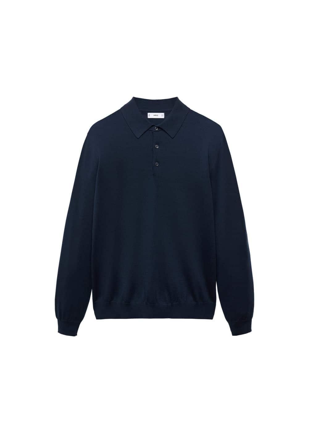 MANGO MAN - 100% merino wool long- sleeved polo shirt navy - XXL - Men Product Image