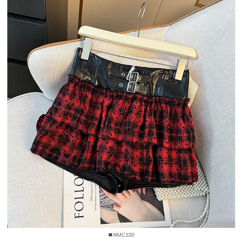 Two-Tone High-Waist Plaid Skort Product Image