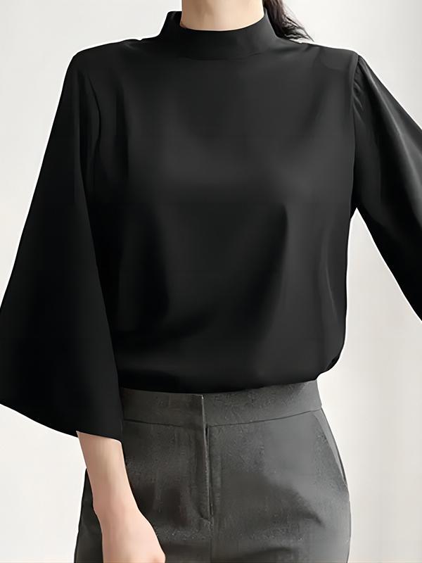 Flared Sleeves Loose Pleated Solid Color Split-Joint Stand Collar Blouses&Shirts Tops Product Image