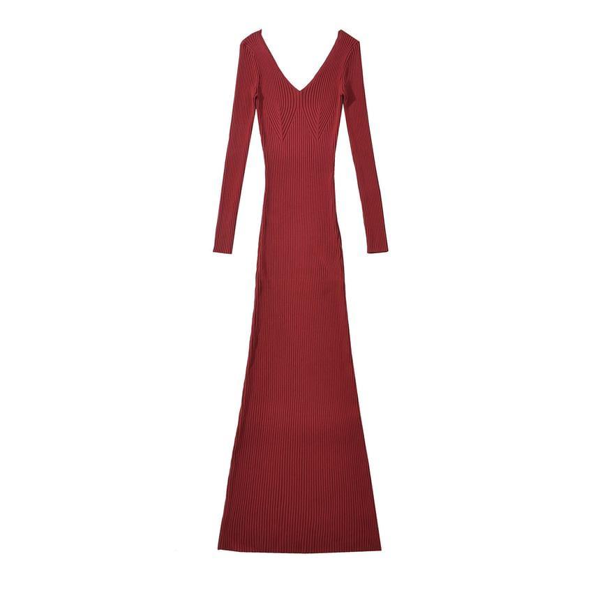 Long Sleeve V-Neck Plain Ribbed Knit Maxi Sheath Dress Product Image