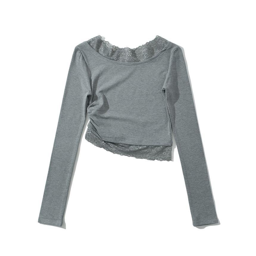 Long-Sleeve Cowl Neck Plain Lace Trim Tee Product Image