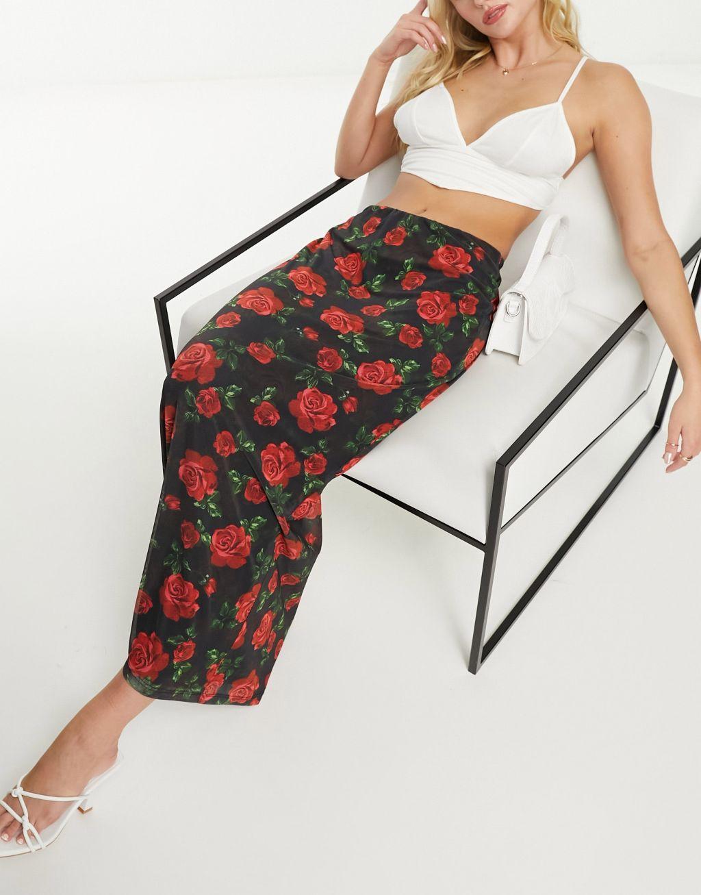 Ever New mesh maxi skirt in black rose print Product Image