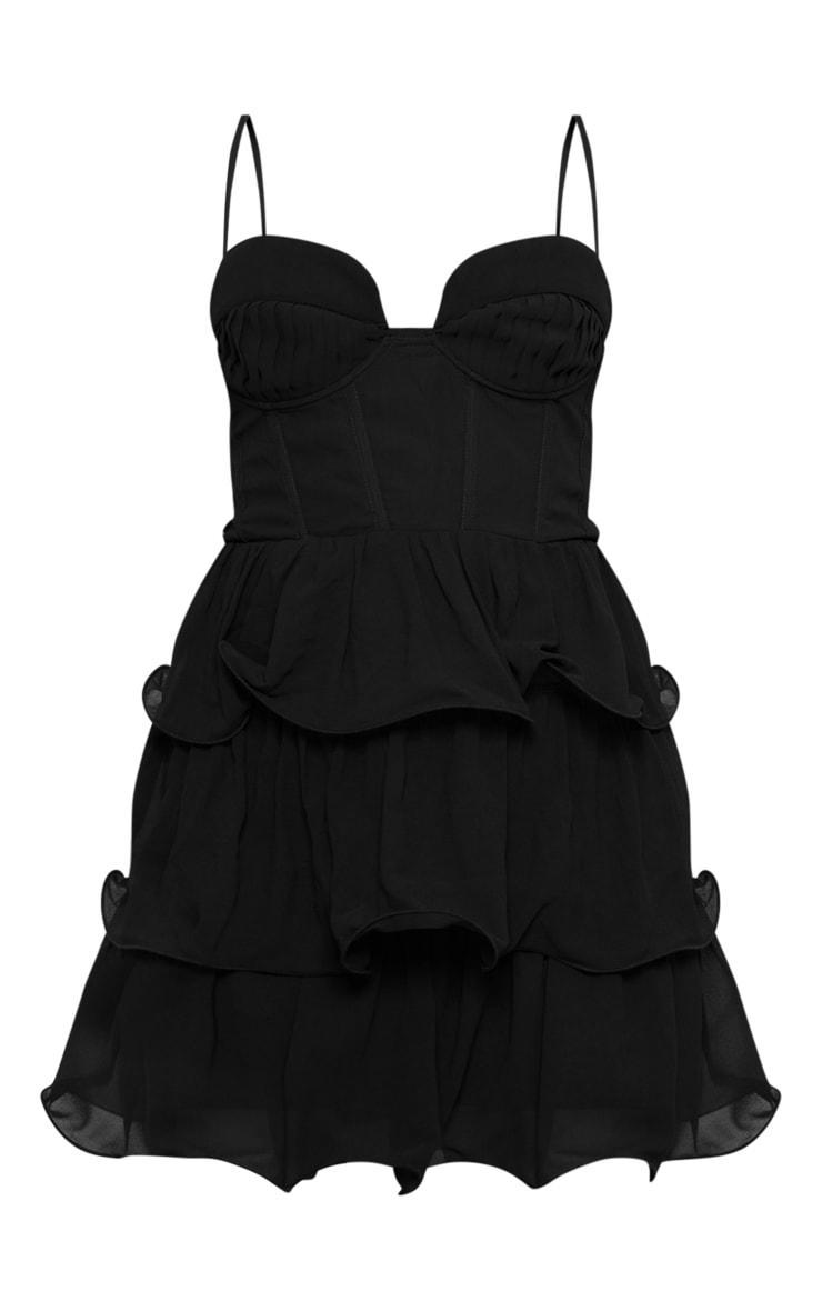 Black Chiffon Pleat Cup Detail Frill Shift Dress Product Image