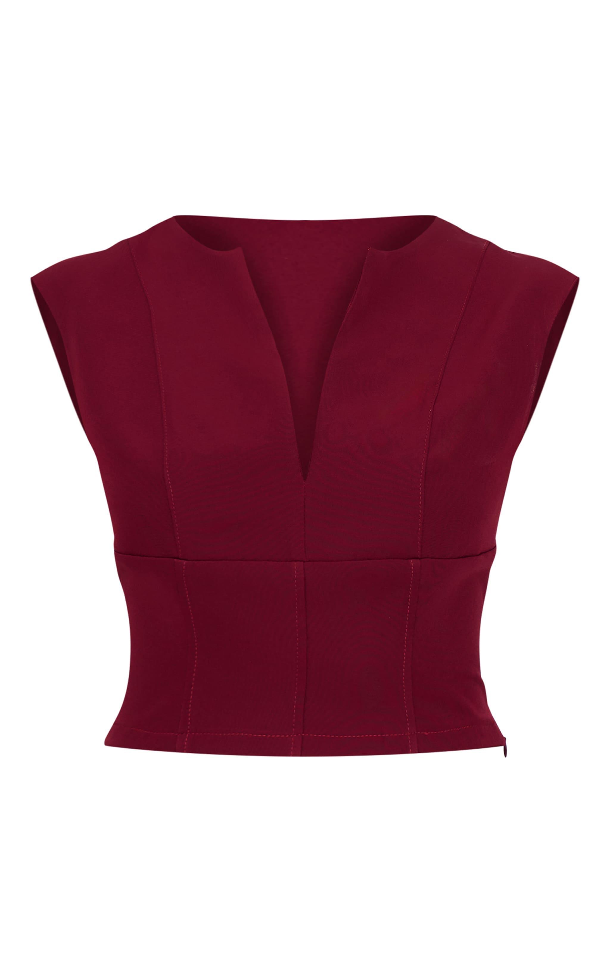 Burgundy Tailored Woven Plunge Cap Sleeve Cinched Waist Long Top Product Image