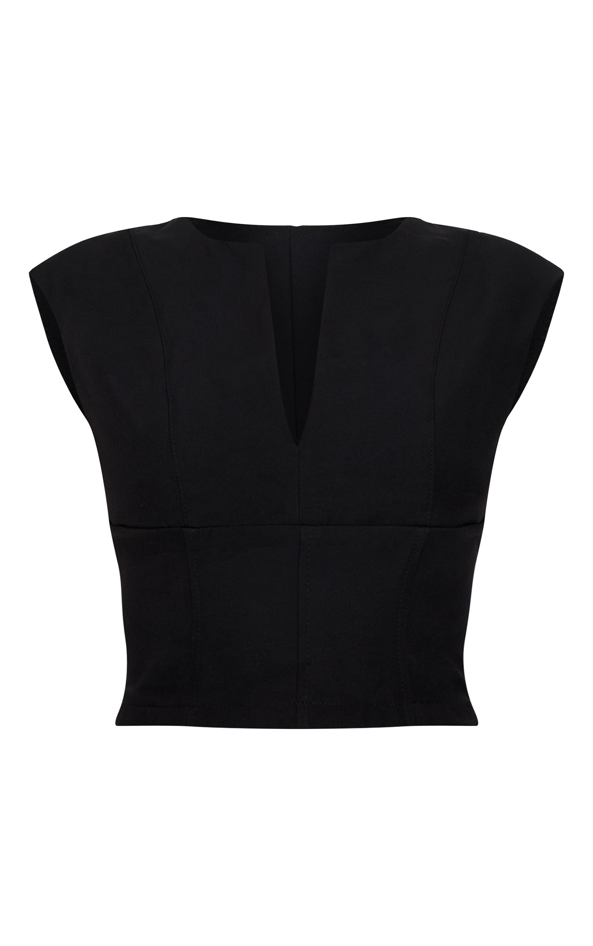 Black Tailored Woven Plunge Cap Sleeve Cinched Waist Long Top Product Image