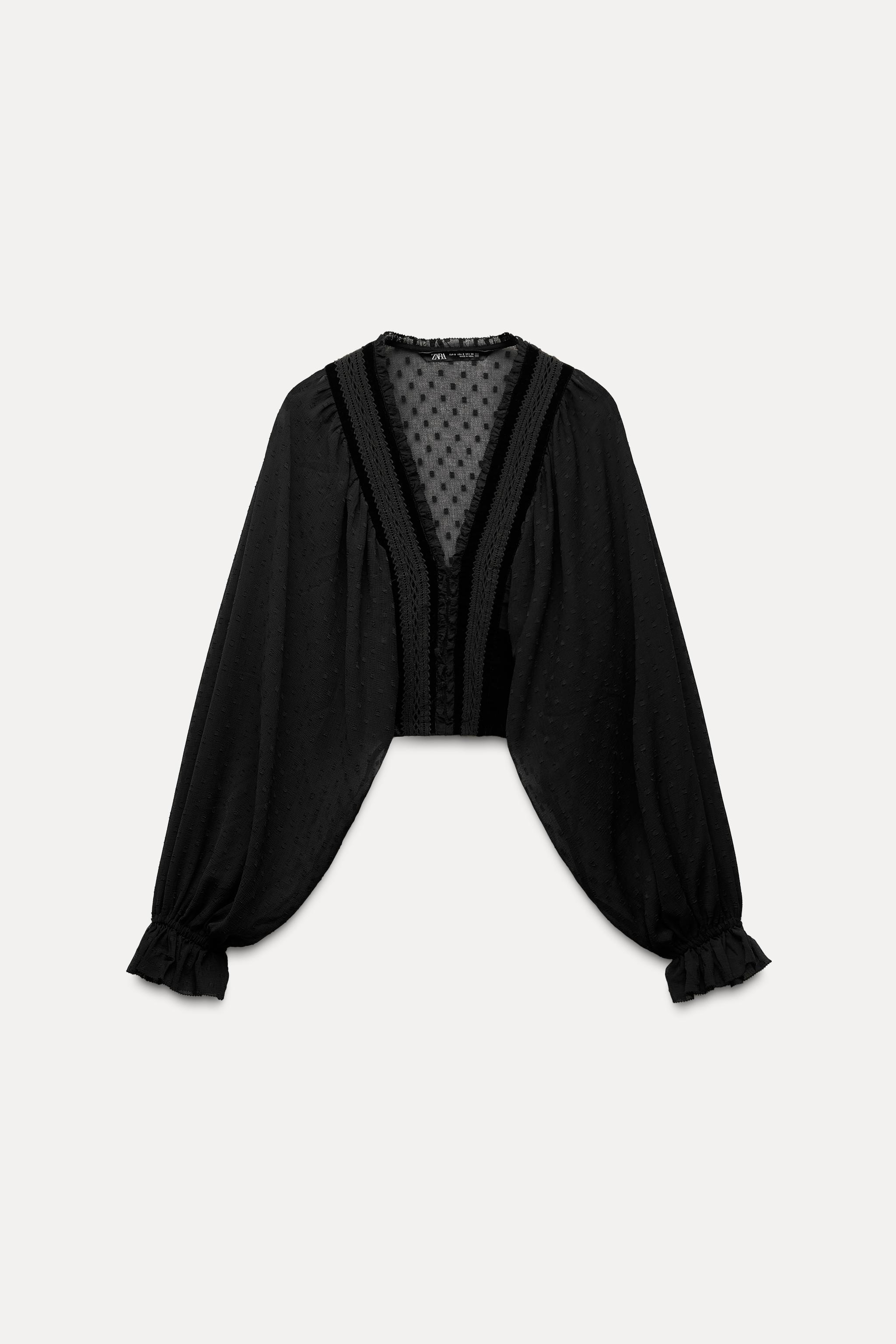 COMBINATION DOTTED MESH CROPPED BLOUSE Product Image