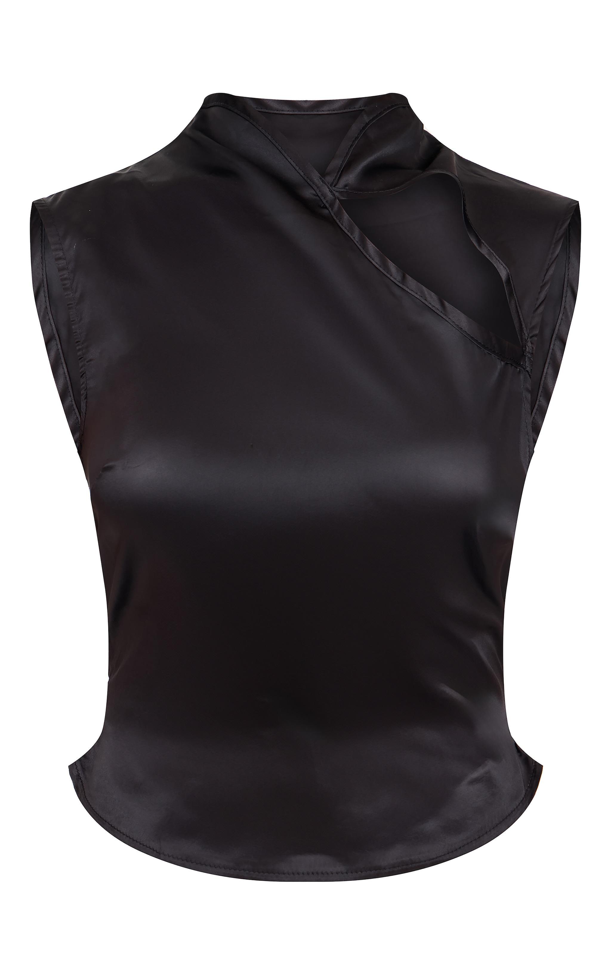 Black Satin High Neck Cut Out Long Top Product Image