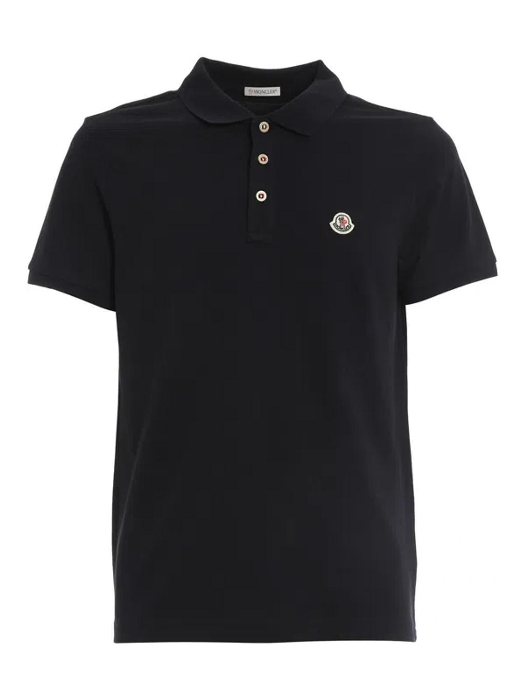 MONCLER Logo Patch Cotton Polo Shirt In Blue Product Image