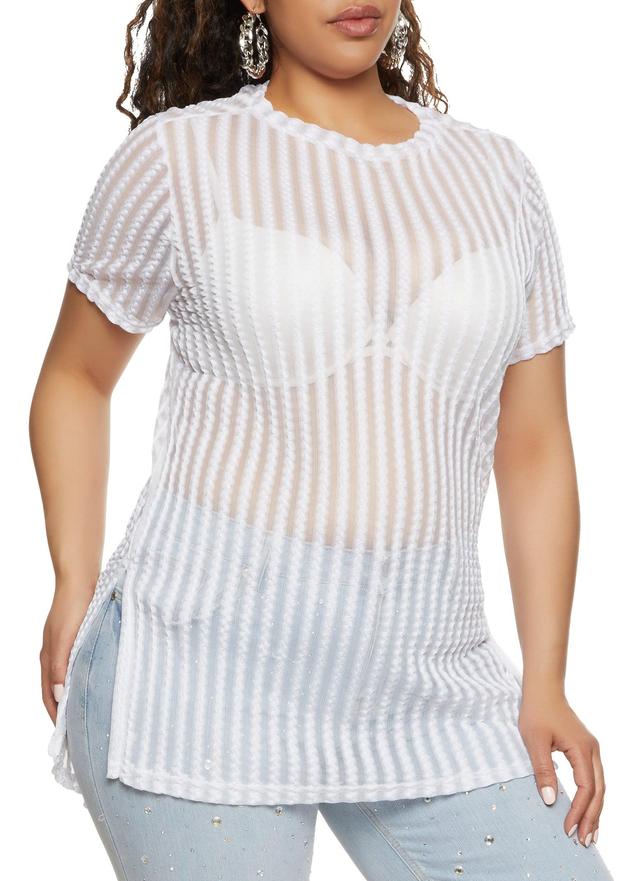 Womens Plus Size Striped Mesh Detail High Low Hem Top Product Image