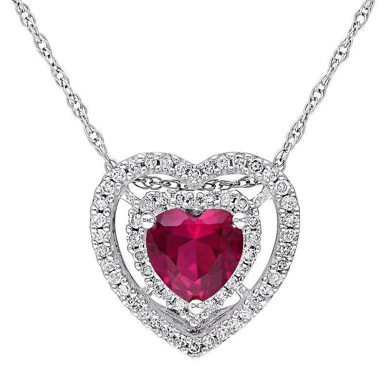 Stella Grace 10k White Gold 1/5 Carat T.W. Diamond & Lab-Created Ruby Heart Pendant Necklace, Womens Product Image