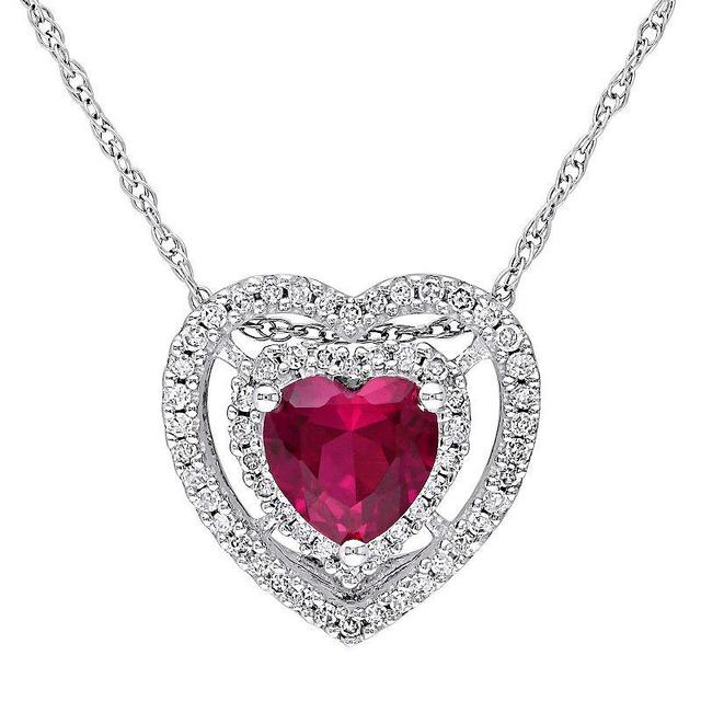 Stella Grace 10k White Gold 1/5 Carat T.W. Diamond & Lab-Created Ruby Heart Pendant Necklace, Womens Red Product Image