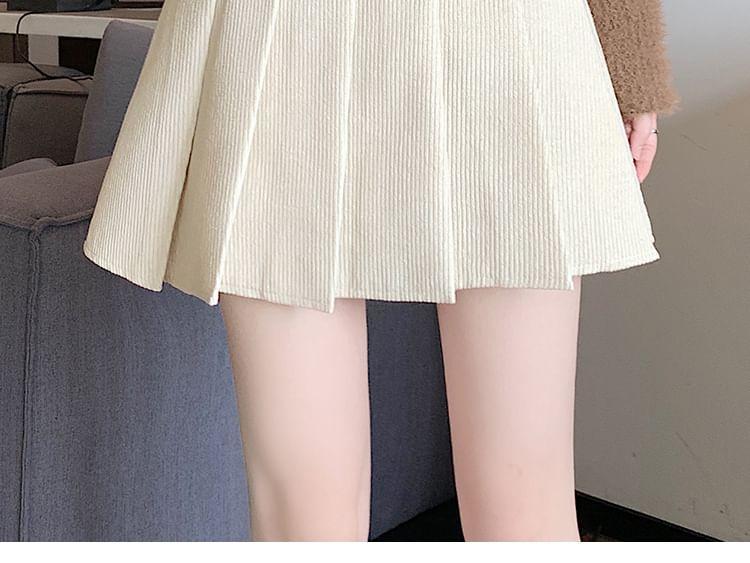 High Waist Plain Pleated Corduroy Mini A-Line Skirt Product Image