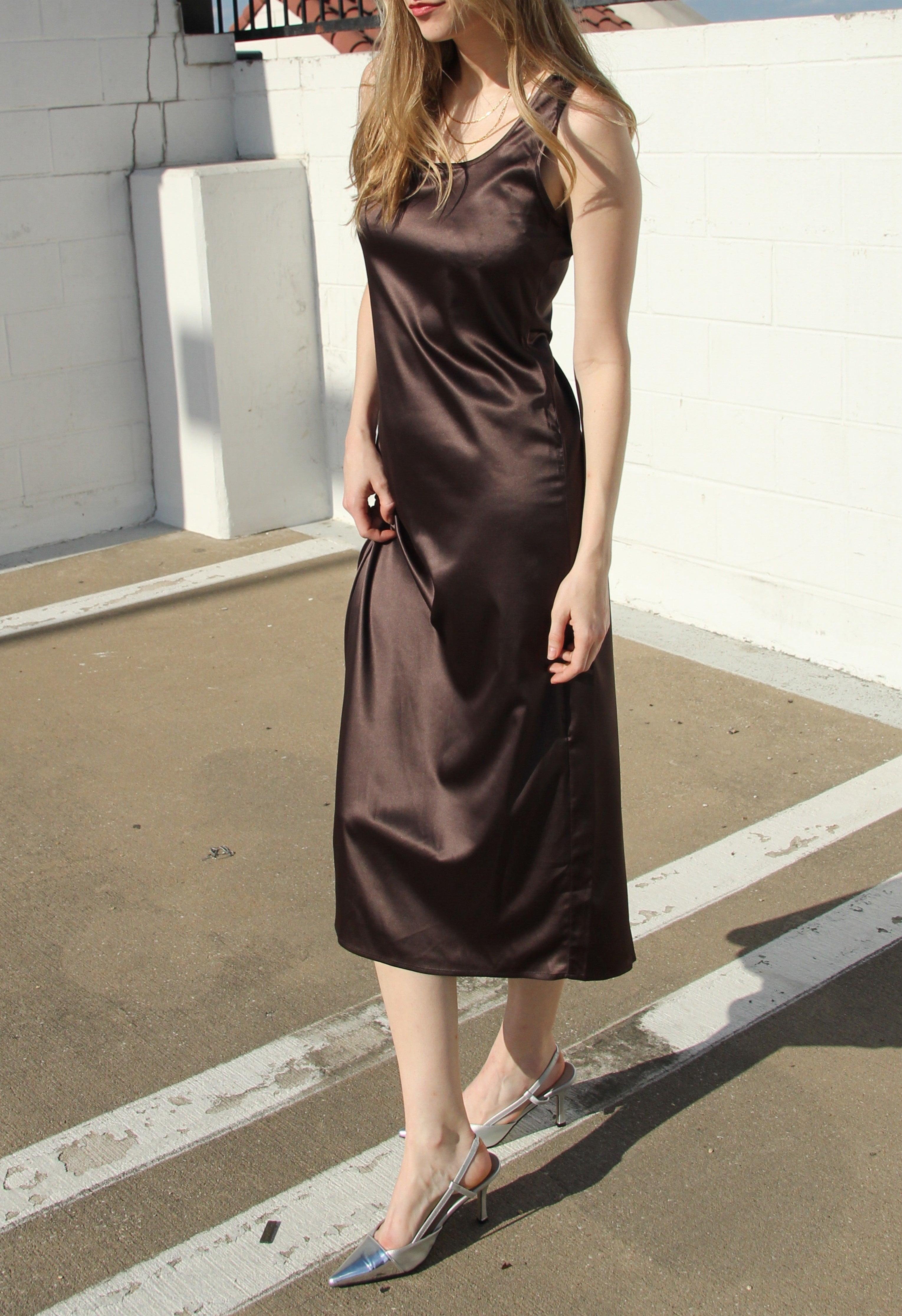 Brown Draped Satin Dress Product Image