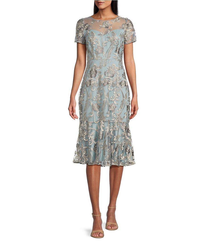 R & M Richards Petite Size Short Sleeve Crew Neck Embroidered Midi Flounce Dress Product Image