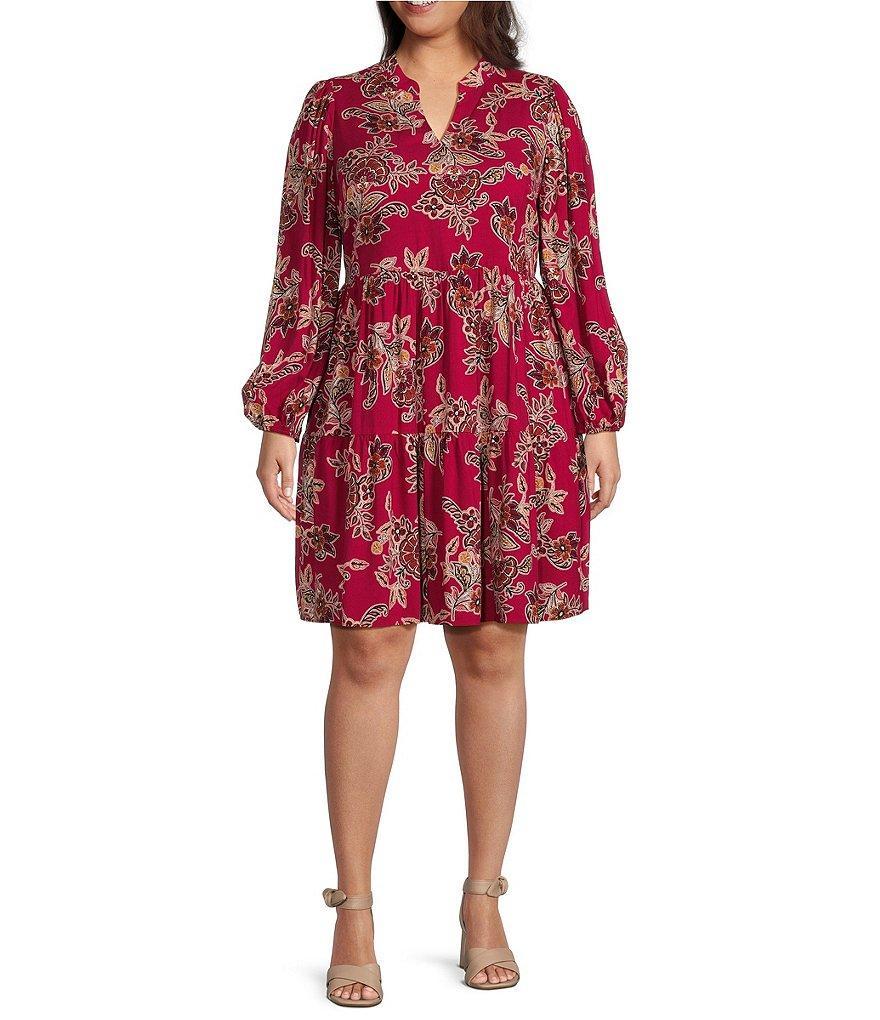 Jessica Howard Plus Size Long Sleeve V-Neck Printed Tiered Dress Product Image