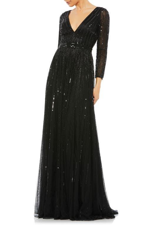 Mac Duggal Sequin & Bead Stripe Long Sleeve Mesh Gown Product Image