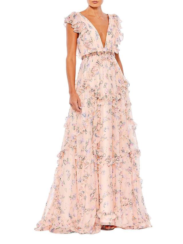 Womens Ieena Floral Ruffle V-Neck Gown Product Image