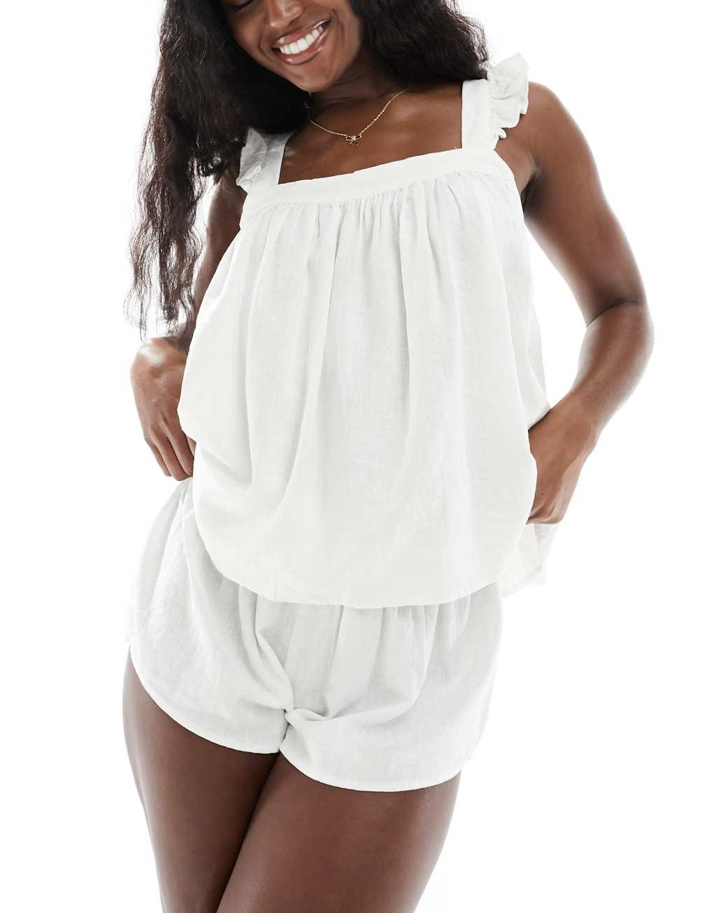 Cotton On linen mix ruffle cami short pajama set in white  Product Image