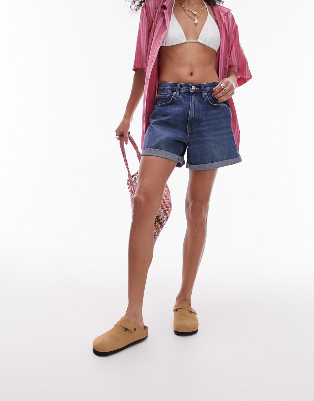 Topshop denim roll hem shorts in rich blue Product Image