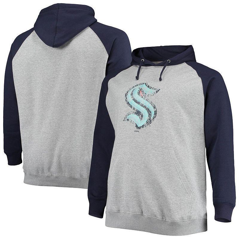 Mens Fanatics Branded Heathered Gray/Deep Sea Blue Seattle Kraken Big & Tall Raglan Pullover Hoodie Product Image