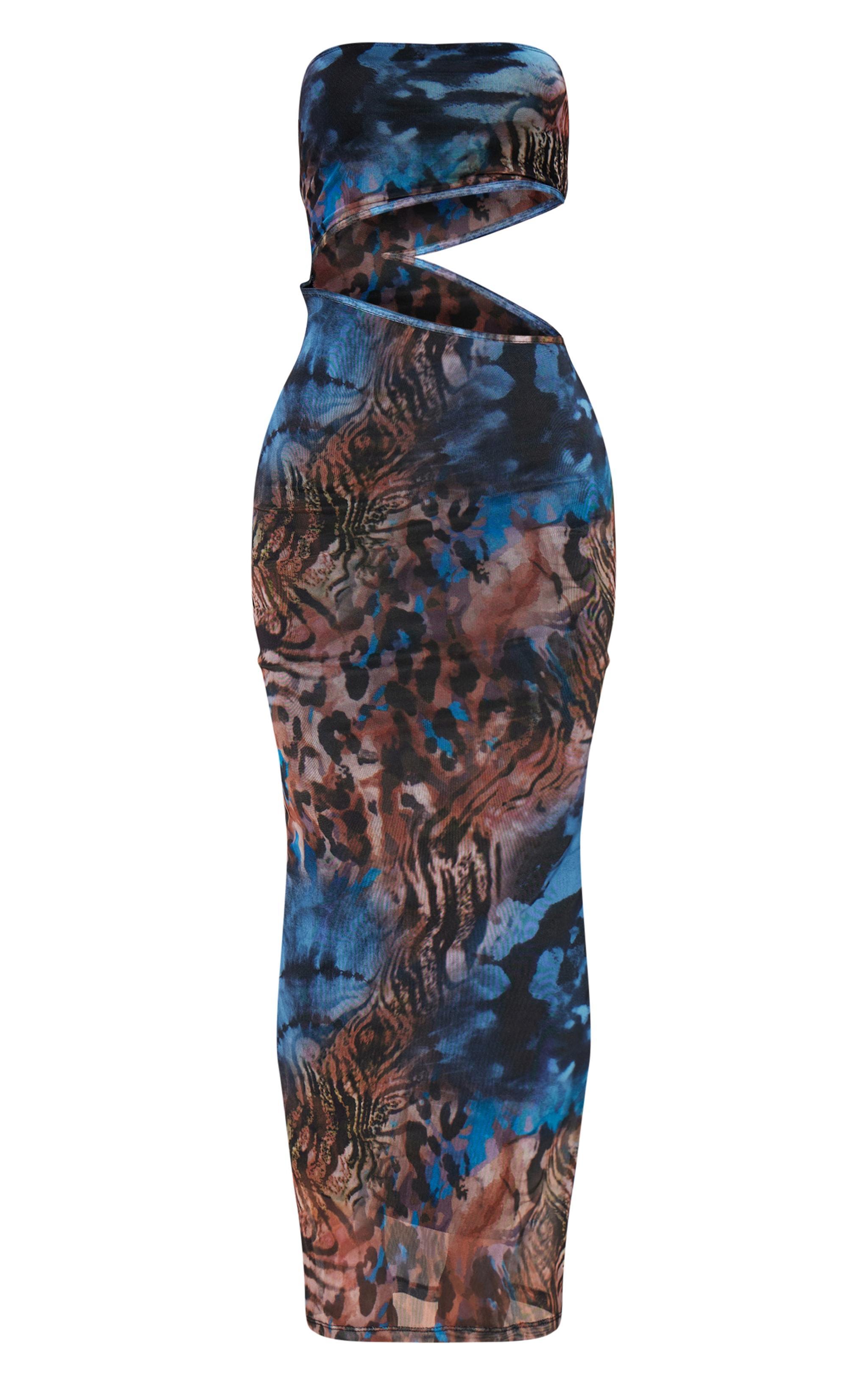 Blue Animal Print Meshed Cut Out Maxi Dress Product Image