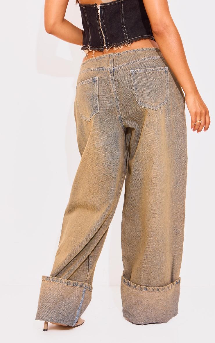 Petite Vintage Wash Denim Turn Up Low Rise Wide Leg Jeans Product Image