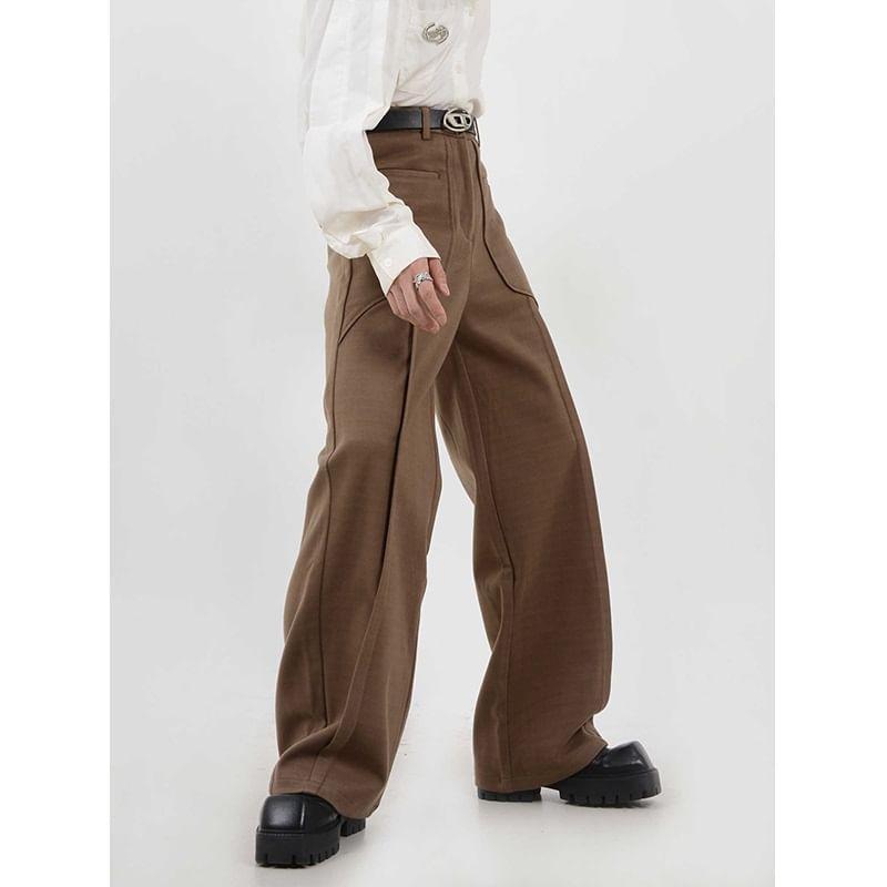 High Waist Plain Panel Straight Leg Dress Pants Product Image