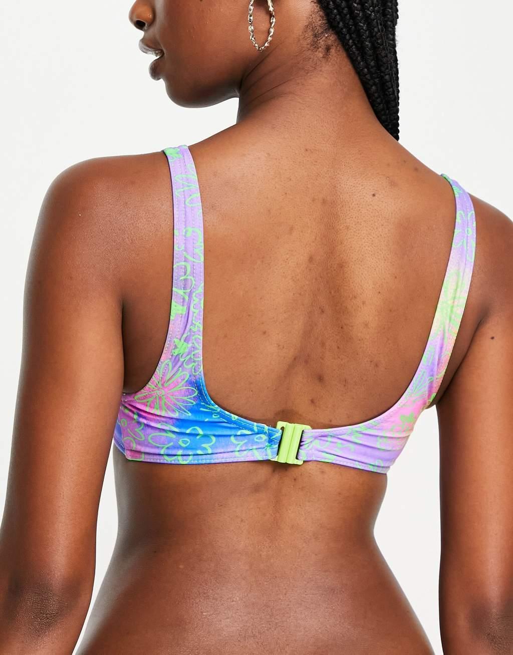 COLLUSION bikini top in neon floral print - MULTI Product Image